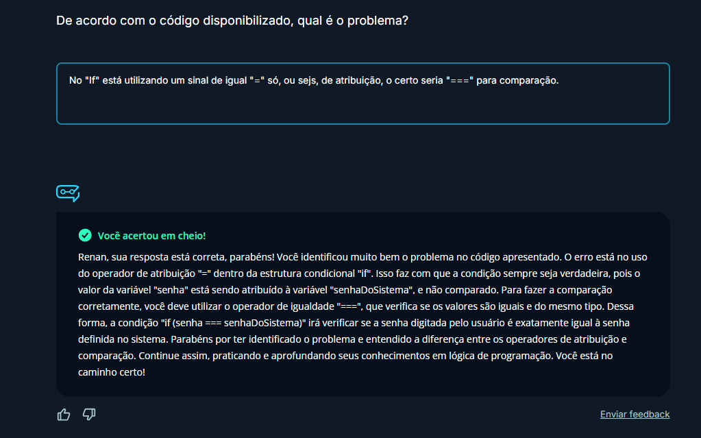 Print da atividade de erro no sinal de igual para comparação, com minha resposta, e dando como correta