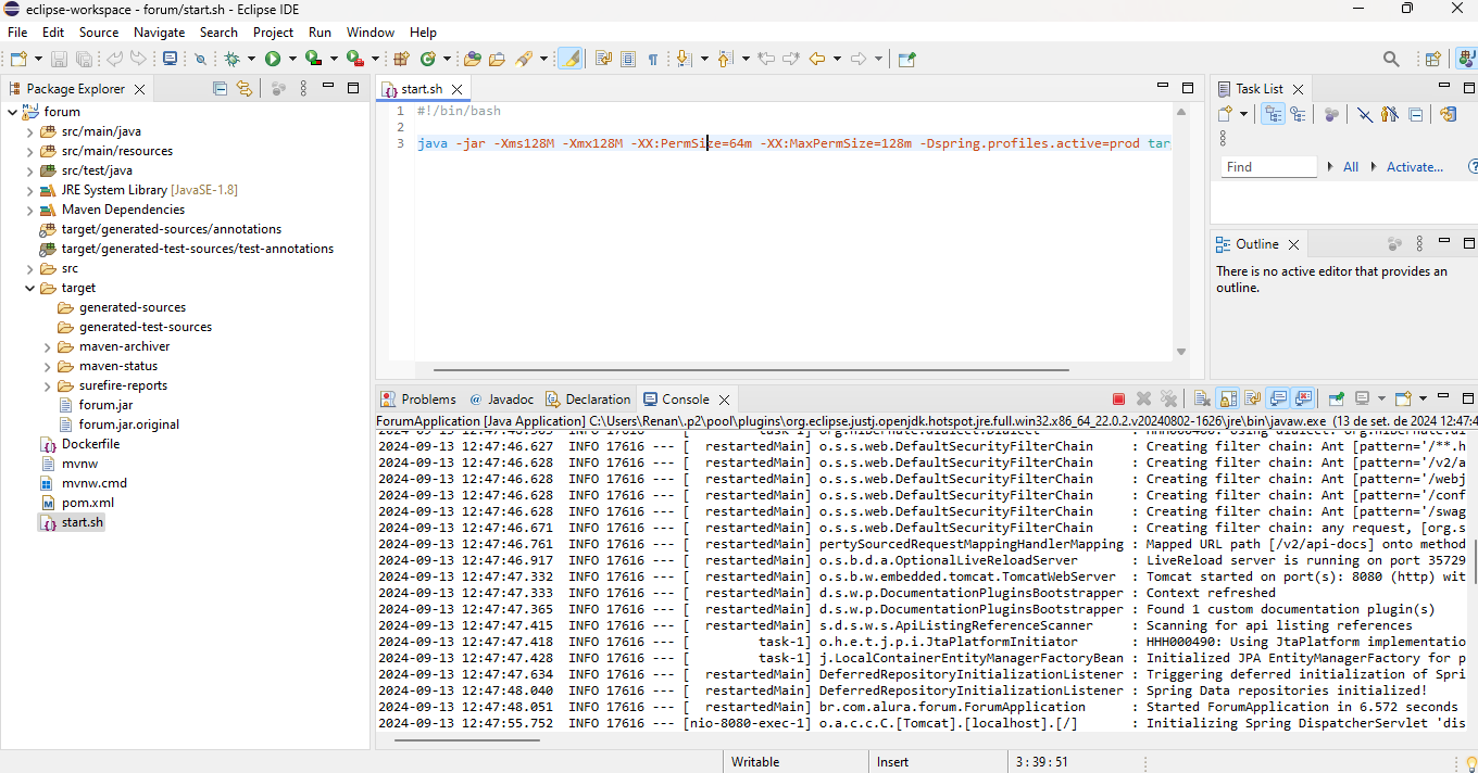 Print da tela da IDE Eclipse destacando o arquivo "starts.sh" no projeto forum