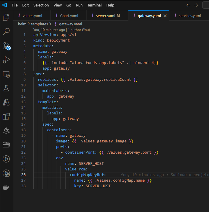 Print do VSCode no projeto kubernetes helm com o arquivo "gateway.yaml" aberto