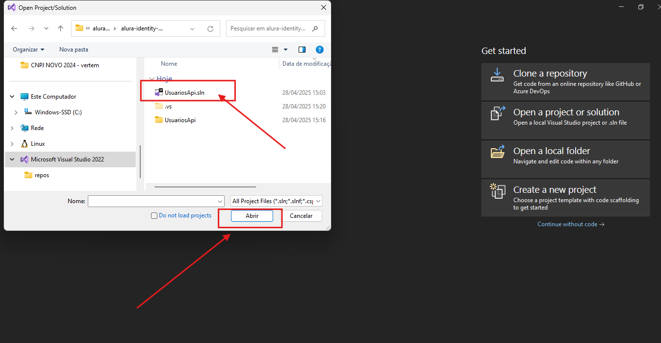 Print do Visual Studio na parte de abrir um novo projeto com a opção abrir projeto ou solution marcada e selecionada