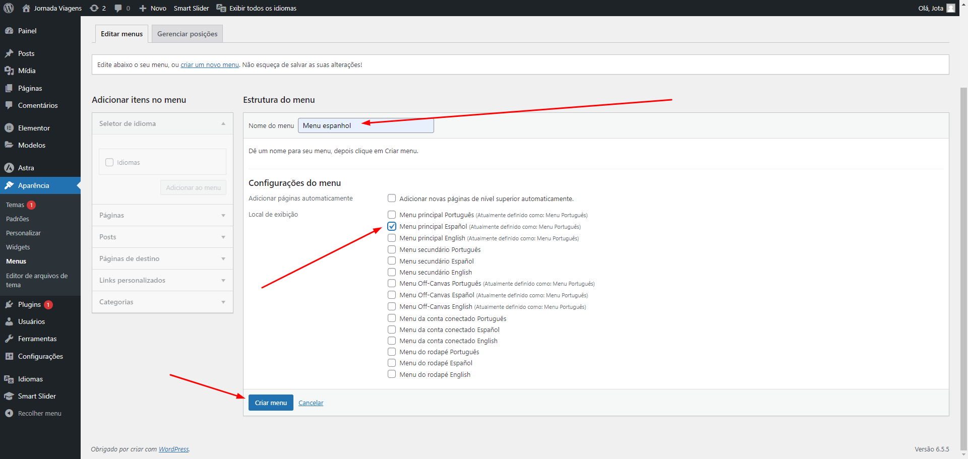 Print da tela do Wordpress destacando a configuração de menus e o campo onde define um nome para o menu e a caixinha de atribuição do menu para o espanhol