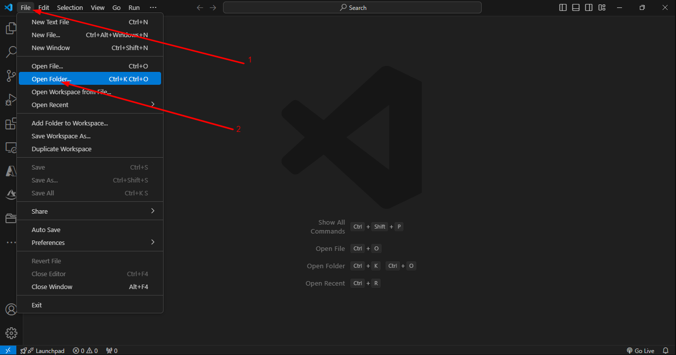 Tela inicial do VSCode destacando a opção File e Open Folder, para abrir um projeto no VSCode