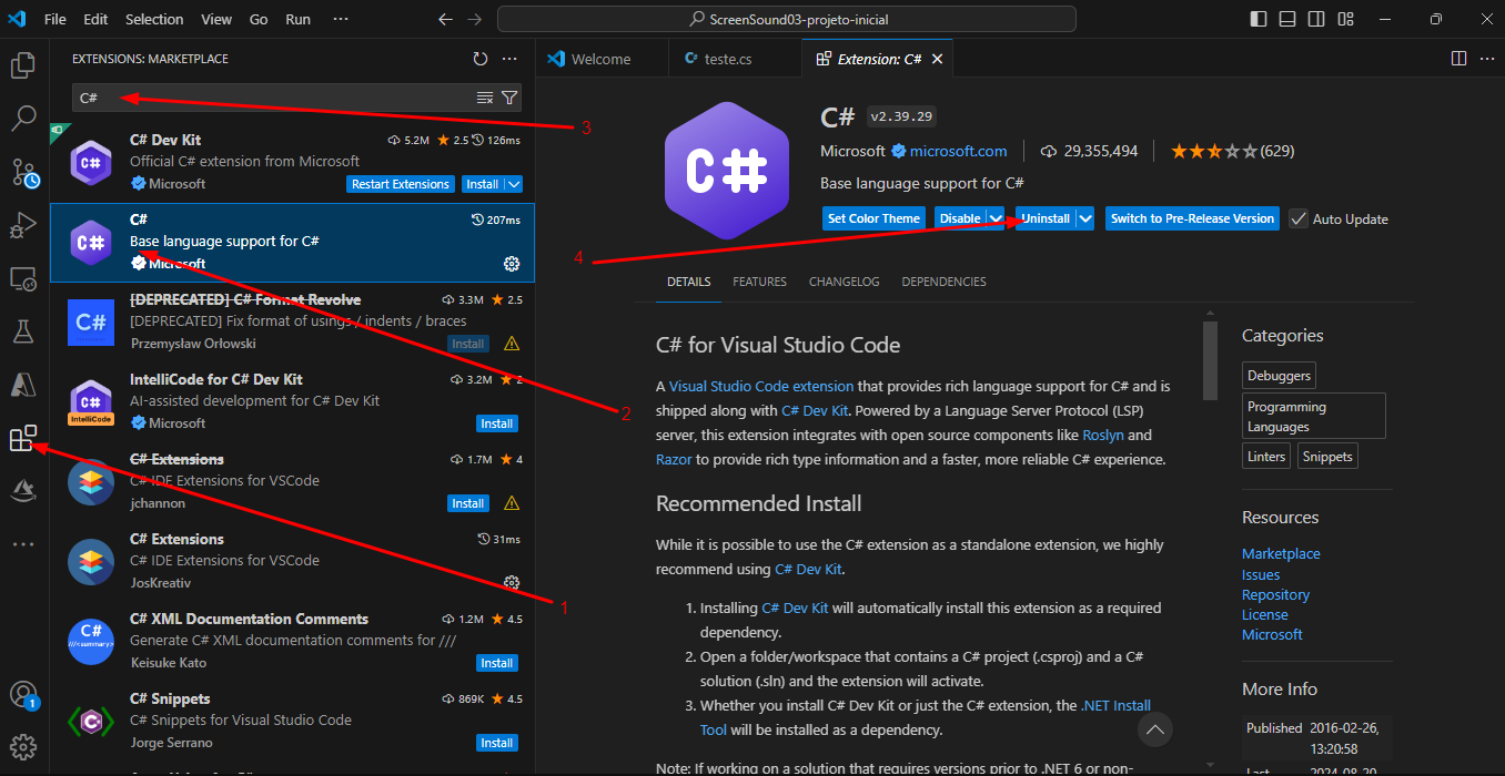 Print da tela do VSCode na aba de extensões detacando a extensão C#