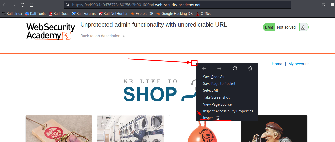Print da aplicação do lab "Unprotected admin functionality with unpredictable URL" destacando a opção "Inspect" no site