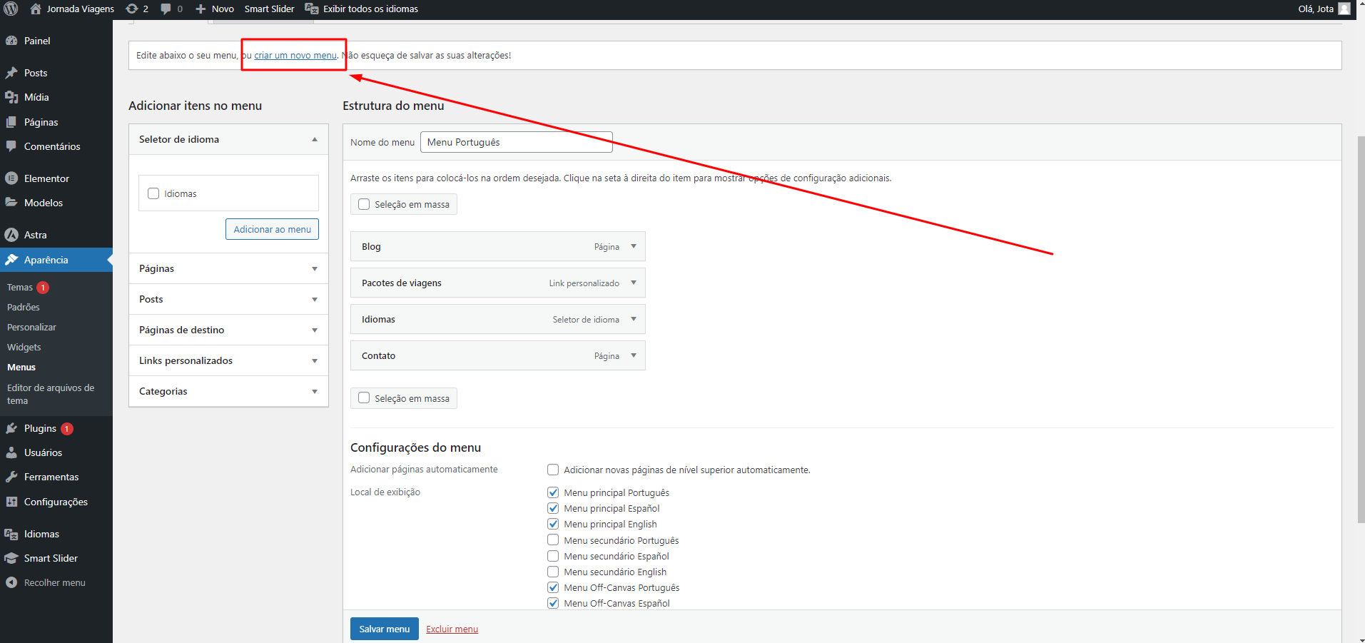 Print da tela do Wordpress destacando a configuração de menus e o link "criar um novo menu"