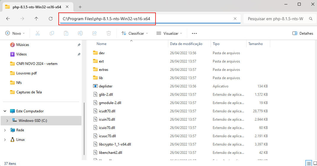 Print do explorador de arquivos do Windows, destacando a pasta do PHP aberta dentro de "C:\Program Files\php"