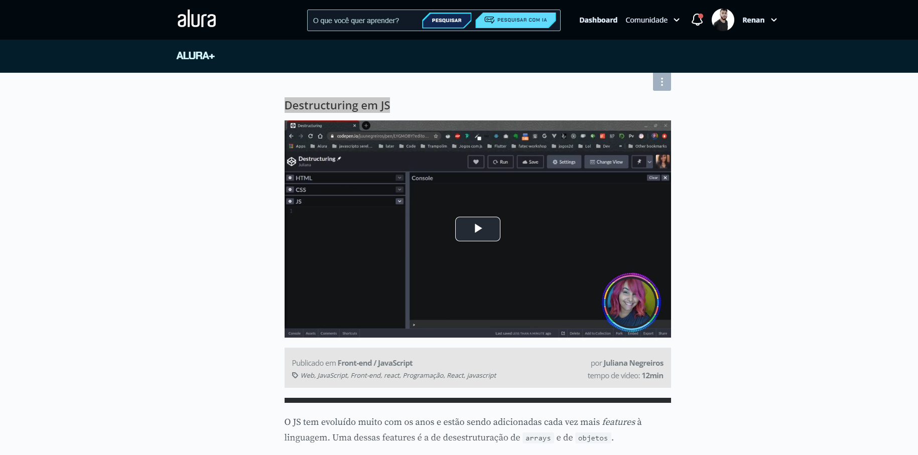 Print da página do Alura+ do víde sobre Destructuring em JS