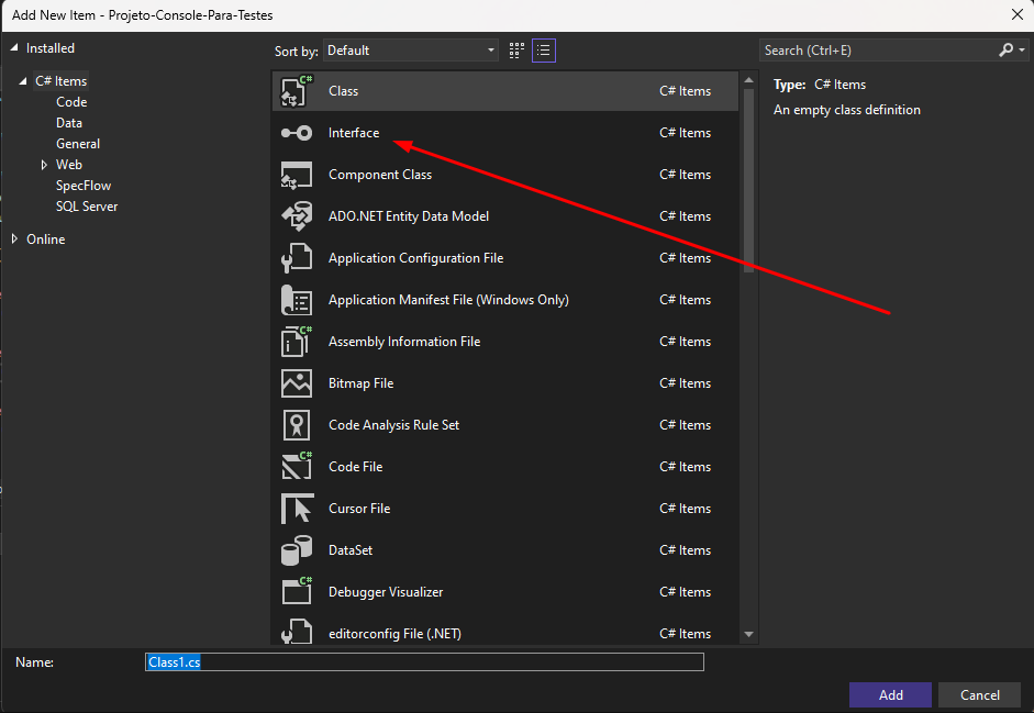 Print do Visual Studio destacando a opção Interface