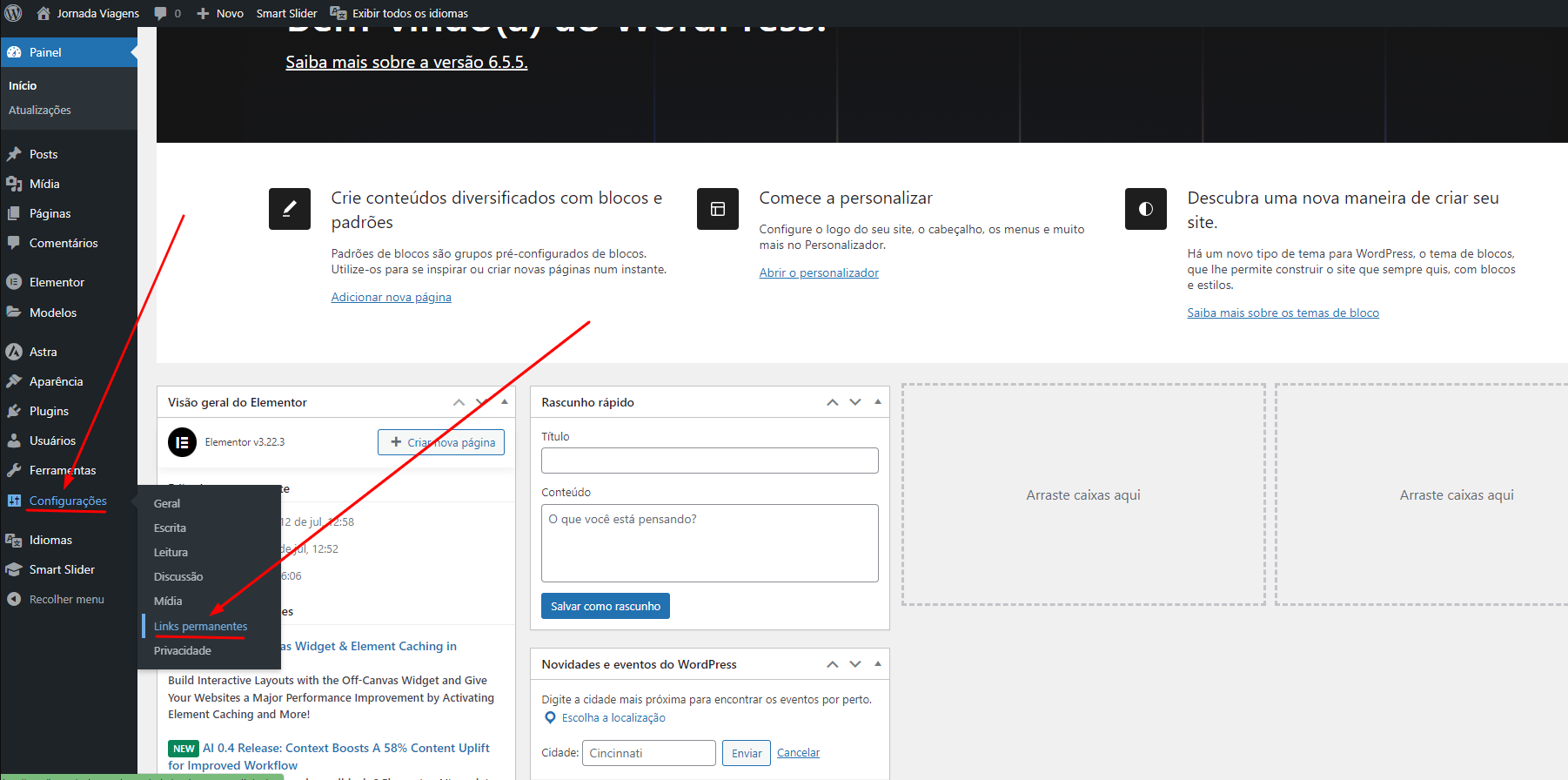 Print da tela inicial do WordPress destacando a opção de configuração no menu lateral