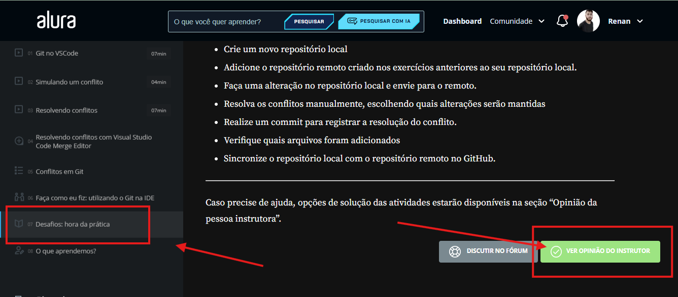 Print da página de atividade "Desafios: hora da prática" destacando o botão VER OPINIÃO DO INSTRUTOR