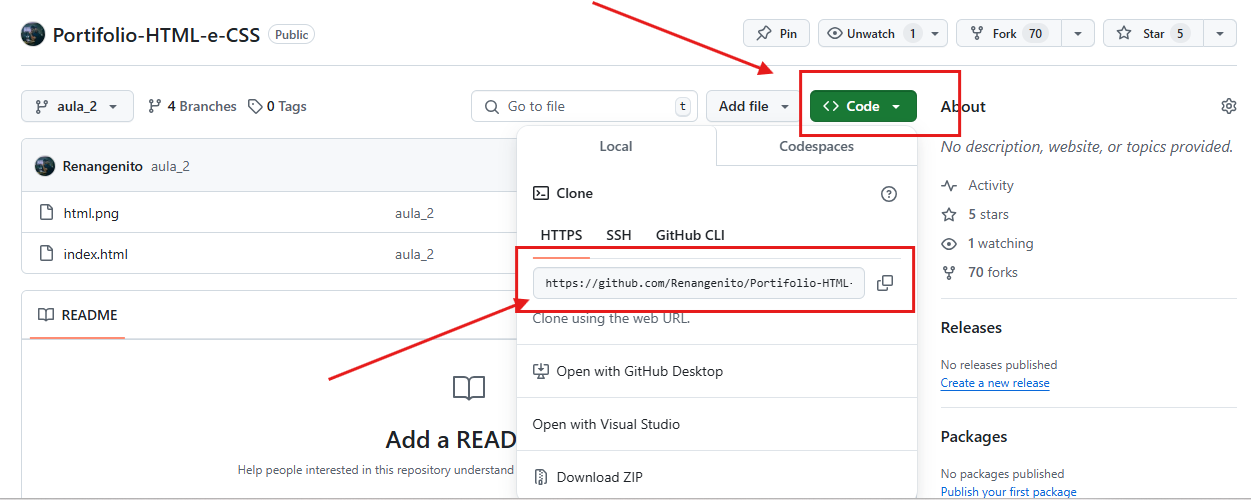 Print do GitHub com um repositório aberto e o link em destaque para o clone