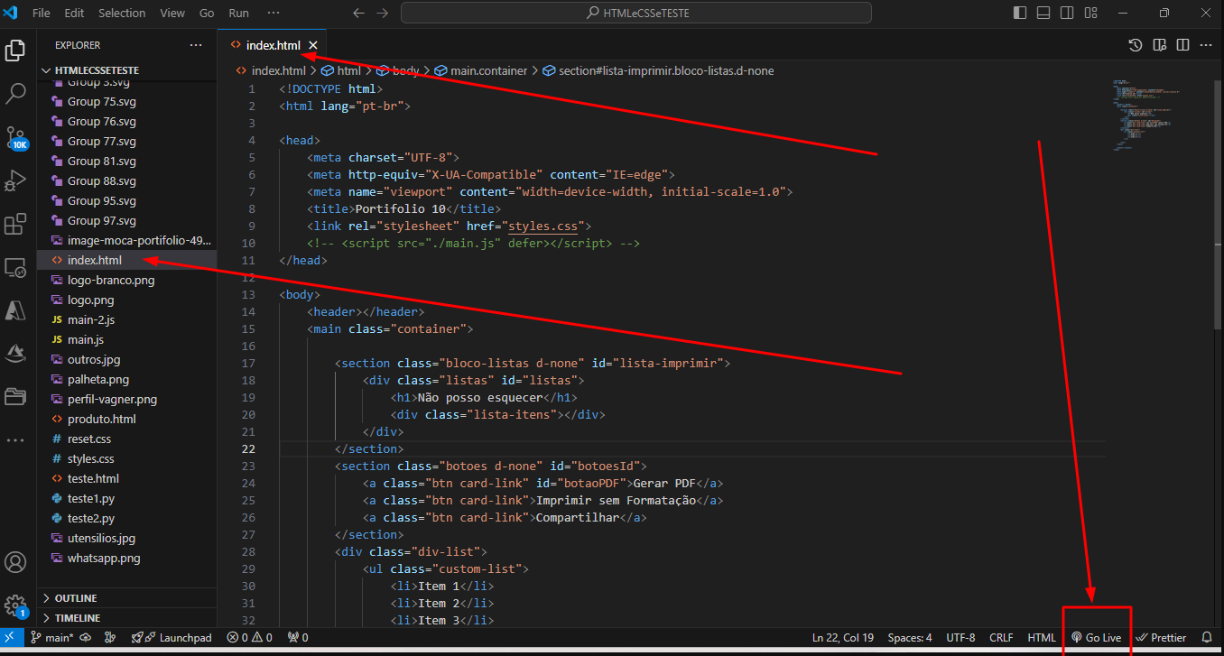 Print da tela inicial do VSCode mostrando arquivo index html aberto, com um destaque na palavra GoLive do Live Server