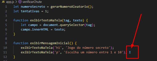 print do VSCode no código do jogo do número secreto destacando um erro na linha 11 na função exibirMensagemInicial um "i" amais