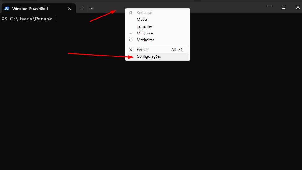 Print da tela do PowerShell terminal vazio destacando o item configuração na lista que abre após clicar com botão direito do mouse