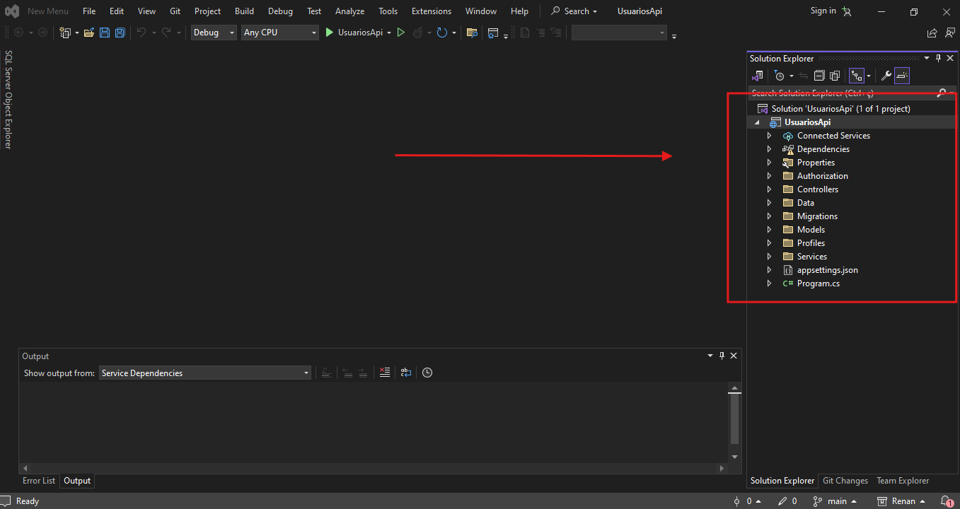 Print do Visual studio aberto na parte da solution com as pastas do projeto expandidadas