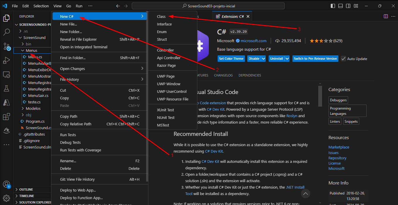 Print da tela do VSCode na estrutura de pastas destacando a lista de ações do C# sobre uma pasta, como criar classes etc