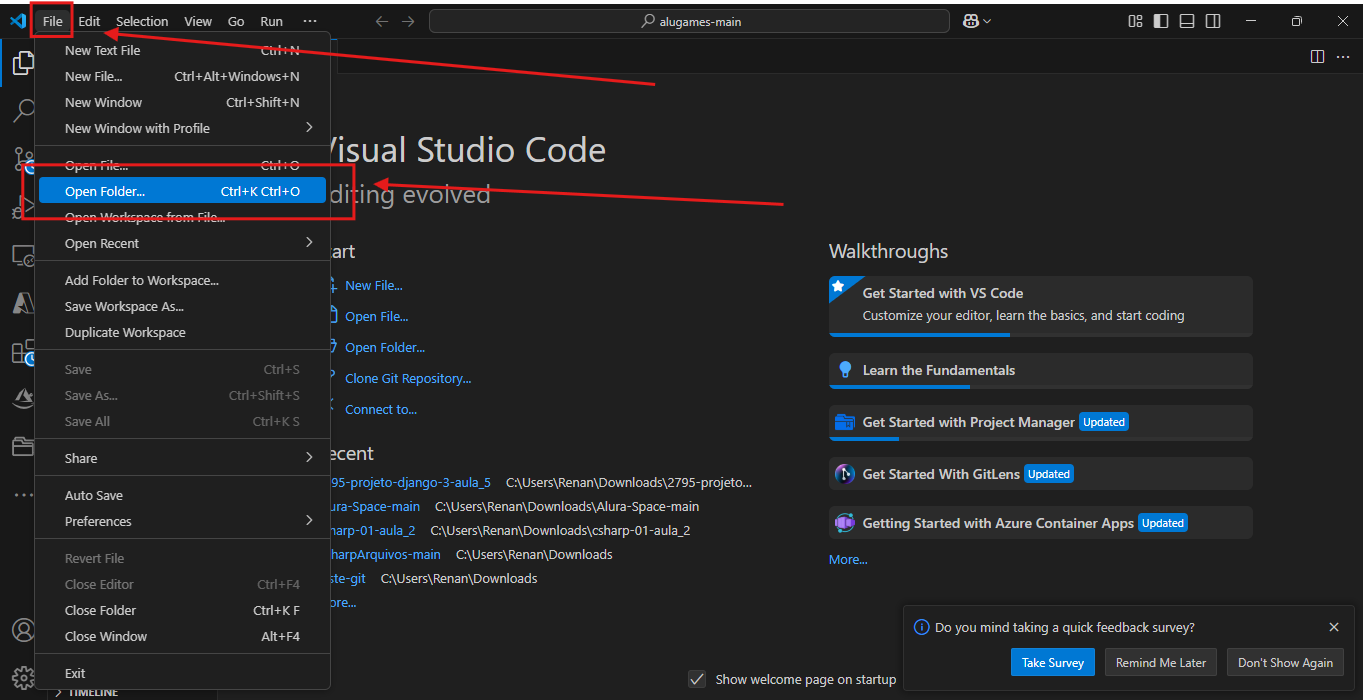 Print da página inicial do VSCode destanado as opções "File" e "Open Folder"