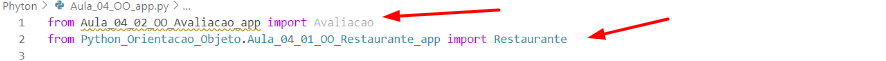 Print do código pythin no VSCode destacando os importes de Avaliacao e restaurante