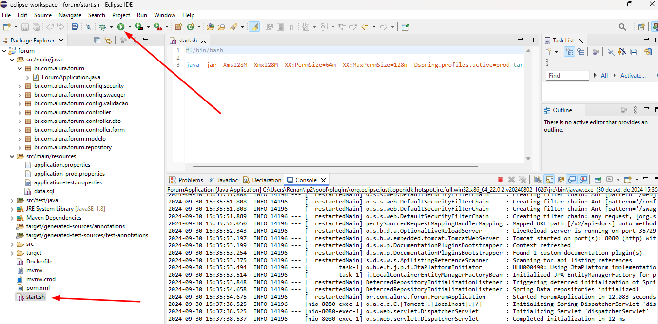 Print da tela do Eclipse com o projeto forum do grafana prometeus aberto e rodando