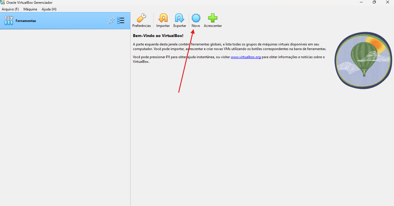 Print da página inicial do Virtual Box destacando o botão "Novo"