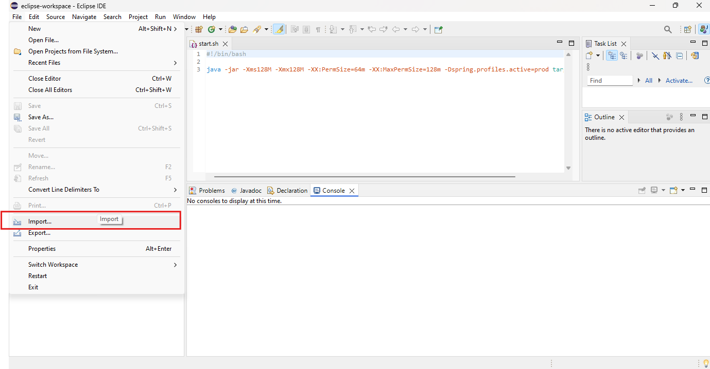 Print da IDE Eclipse com as opções de "File" abertas destacando a opção "Import"