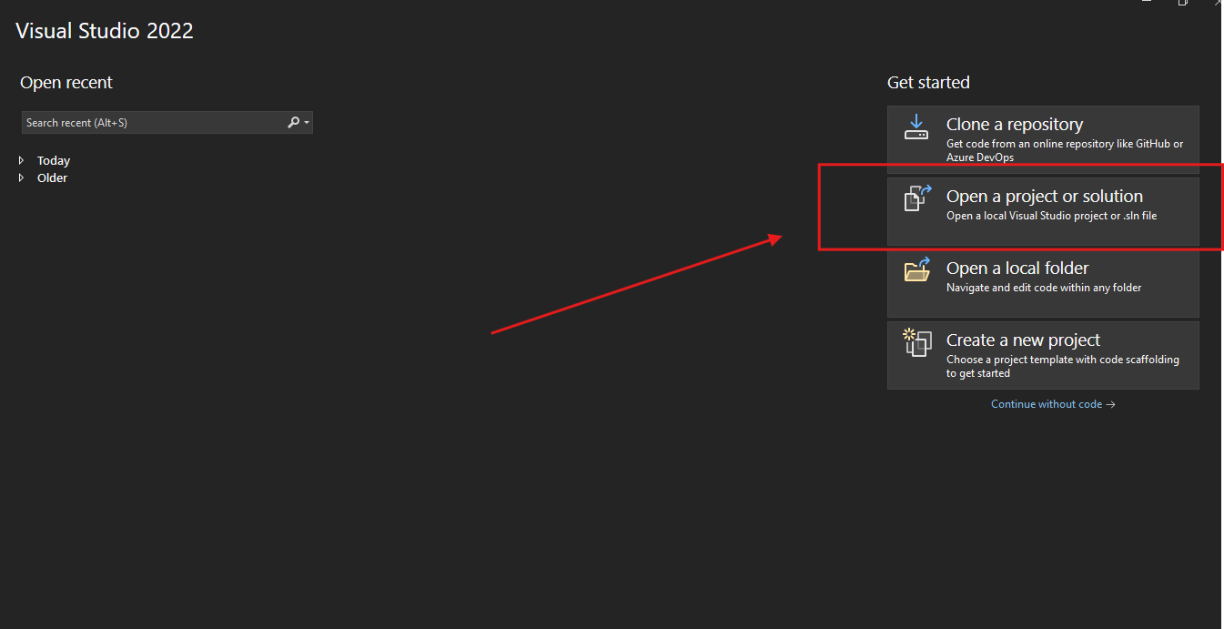 Print do Visual Studio na parte de abrir um novo projeto com as opção de abrir pasta, solution ou criar um novo projeto