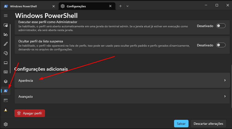 Print da tela do PowerShell terminal na aba configurações destacando o ícone do PowerShell e a parte da aparência