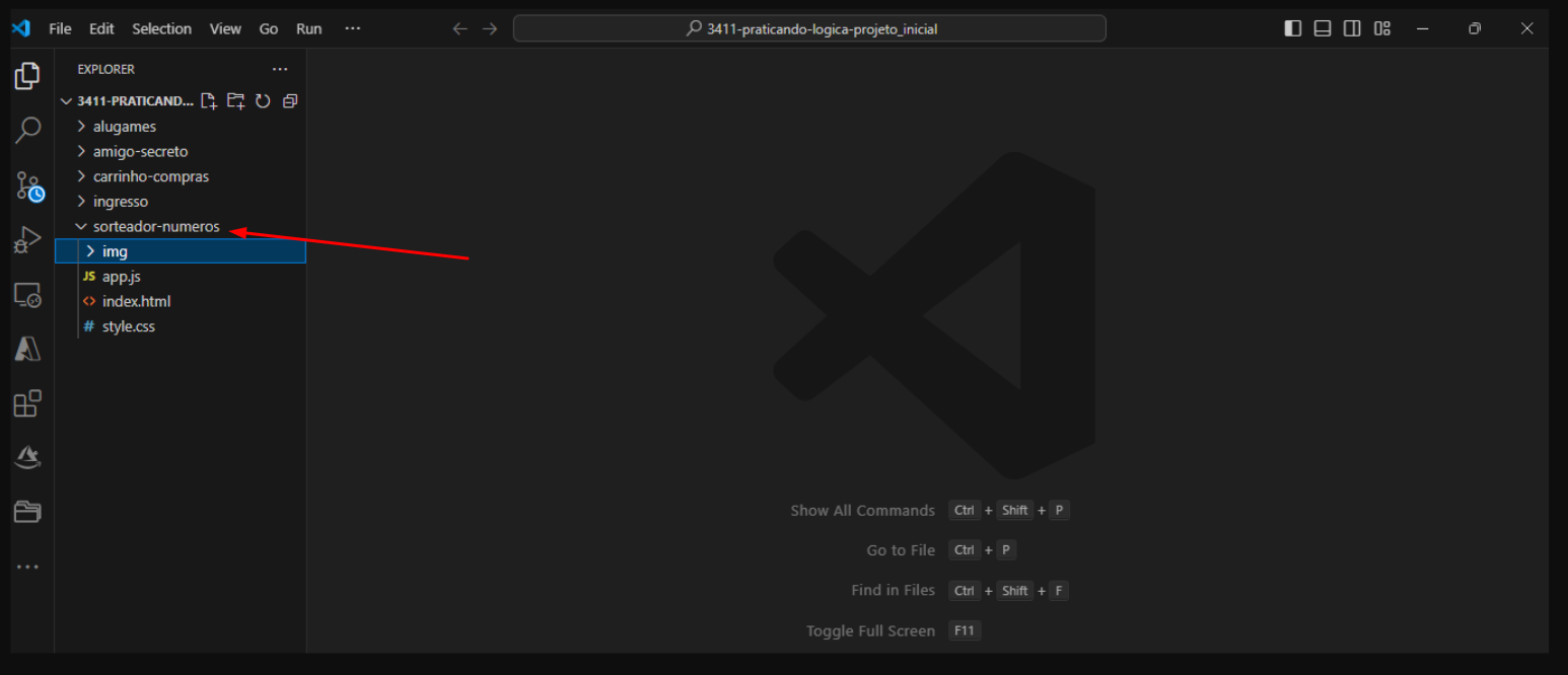 Print da tela do VSCode destacando o projeto sorteador-numeros