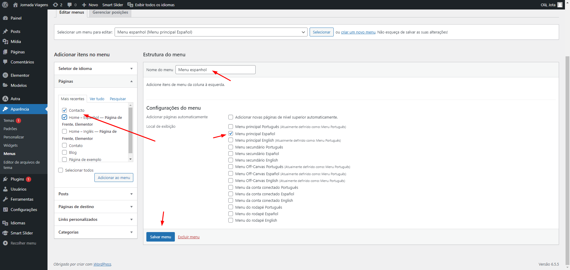 Print da tela do Wordpress destacando a configuração de menus e as páginas a serem adicionadas