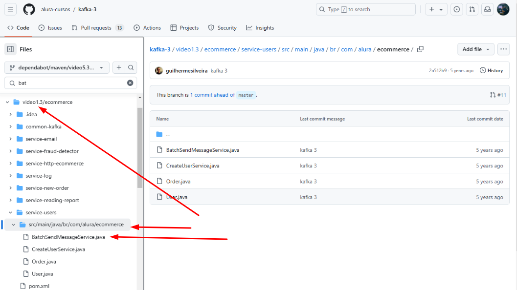 Print do repositório do projeto do curso de Kafka destacando o arquivo BatchSendMessageService.java