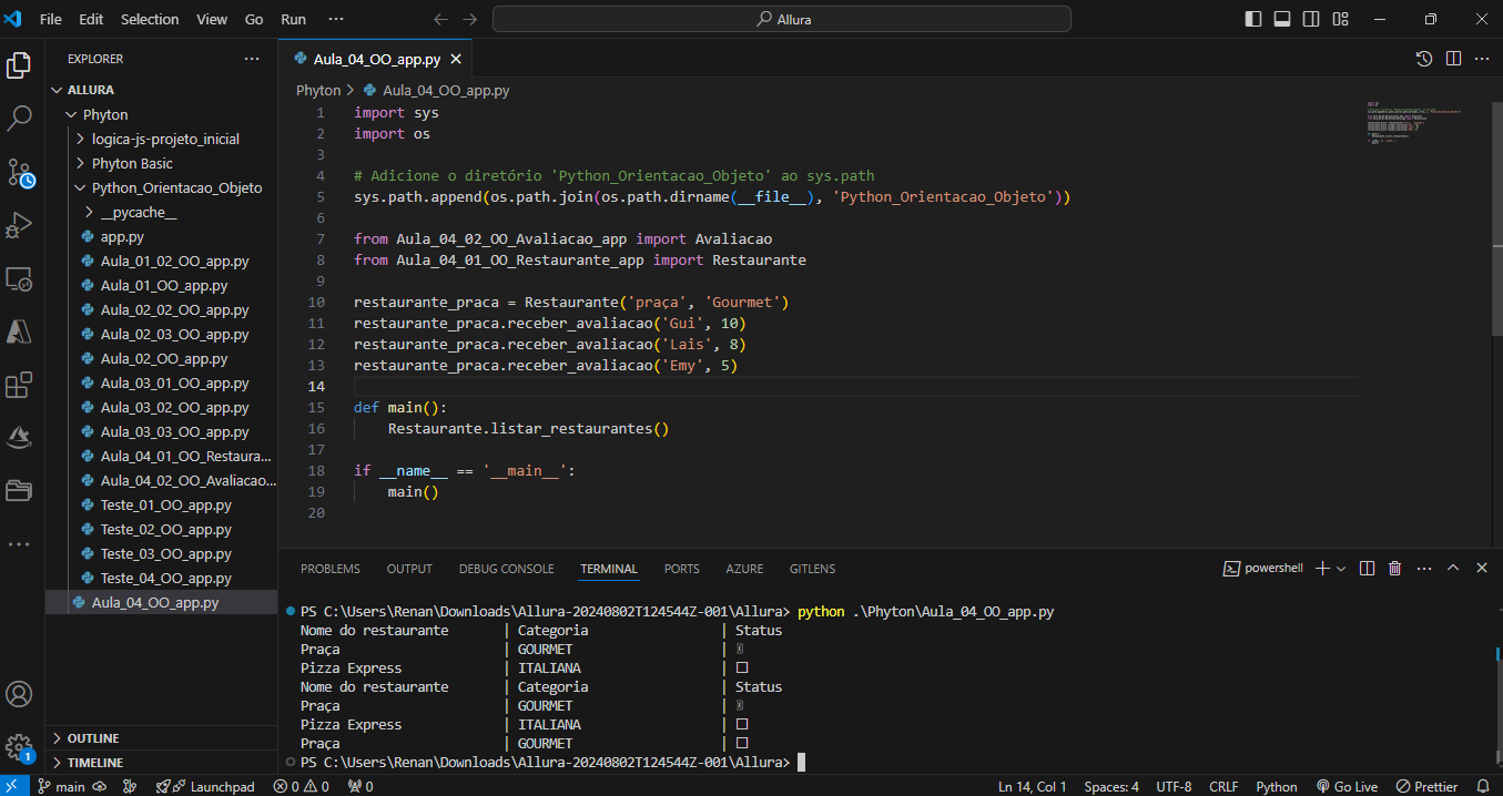 Print do VSCode com a estrutura de pastas do projeto aberto focando no arquivo Aula_04_OO_app.py