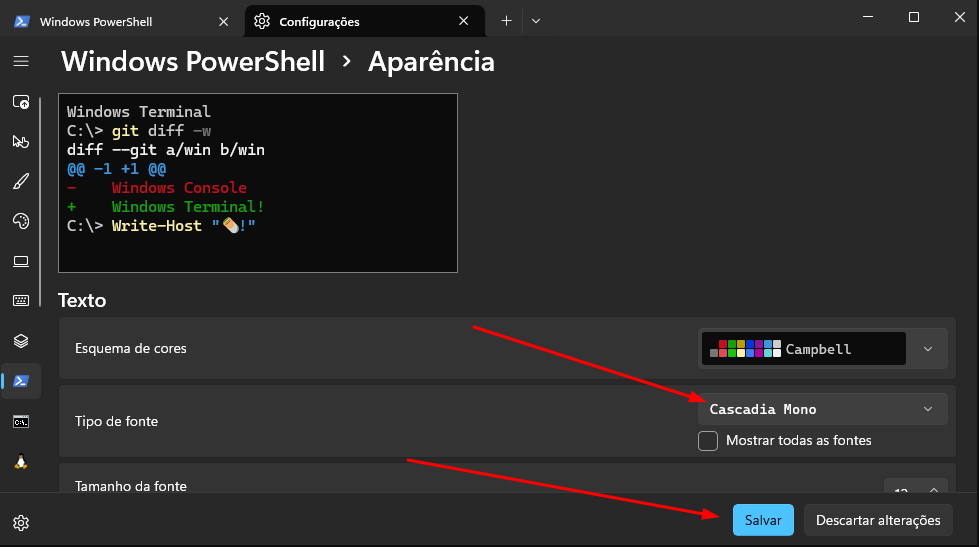 Print da tela do PowerShell terminal na aba de configurações destacando o menu aparência e escolha de fontes