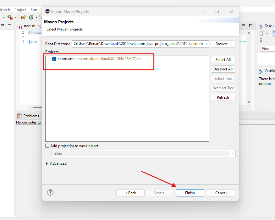 Print da IDE Eclipse com a janela de import aberta destacando o arquivo "pom.xml" com uma marcação, e o botão next