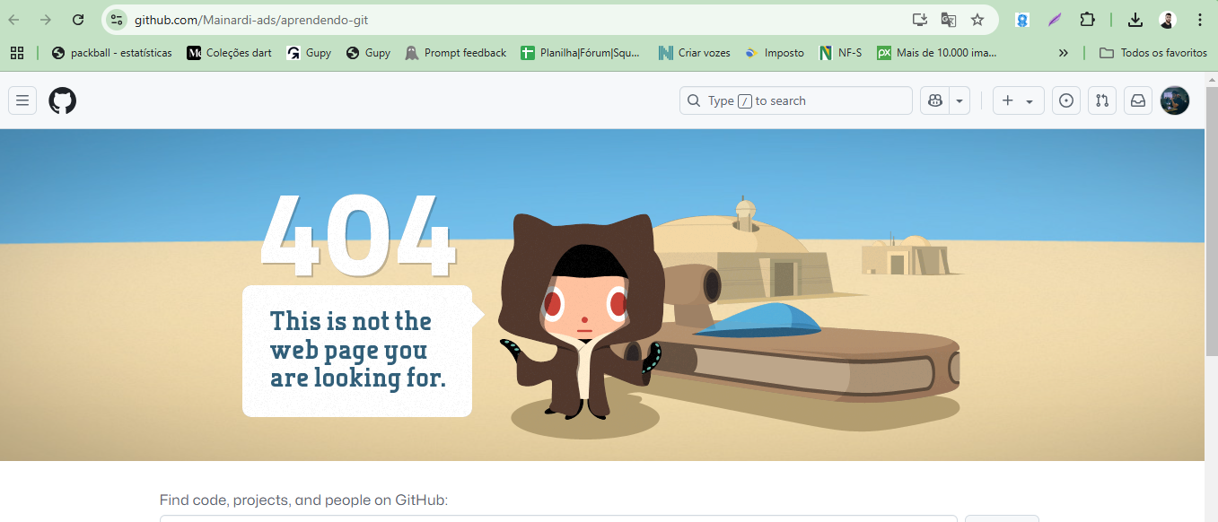 Print de um link de um repositório do github quebrado com erro 404