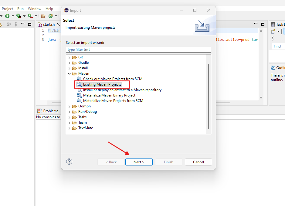 Print da IDE Eclipse com a janela de importar projeto aberta destacando a opção "Existing Maven Projects" e o botãso de next