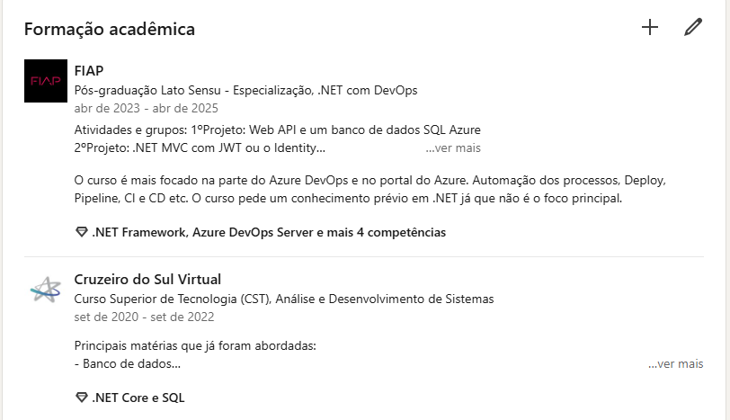 print da tela do linkedin destacando o local de adicionar formações academicas