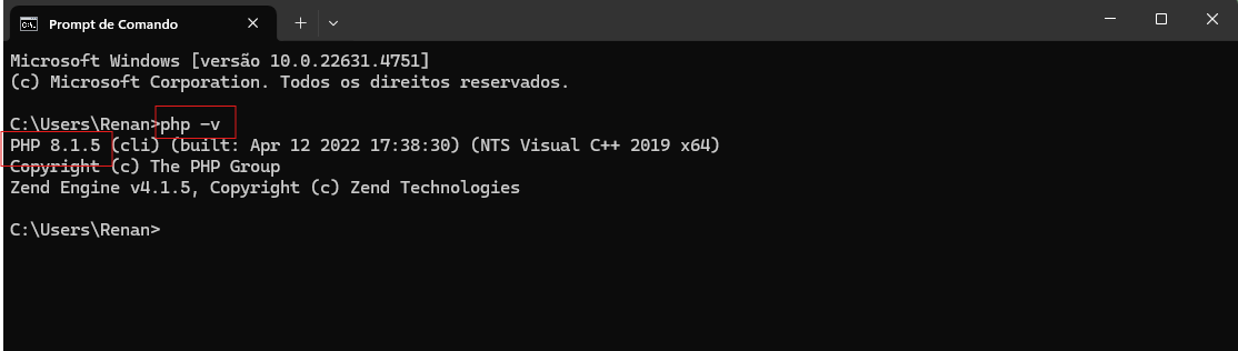 Print do terminal com o comando "php -v" para vizualizar a versão do PHP instalada