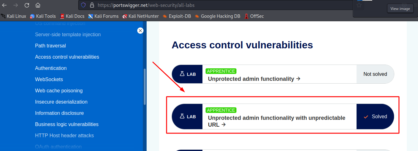 Print da página dos laboratórios do Portswigger destacando o lab "Unprotected admin functionality with unpredictable URL"