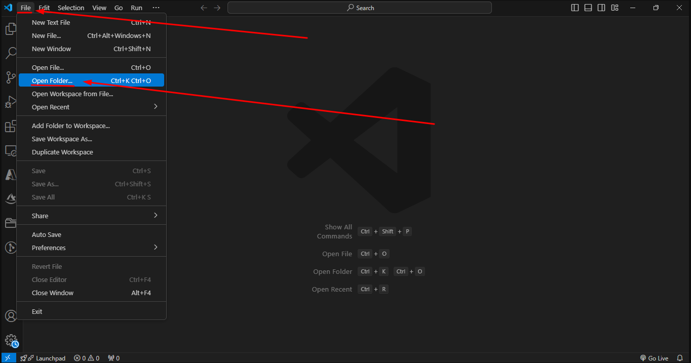 Tela inicial do VSCode com a opção "File" expandida destacando a opção "Open folder" 