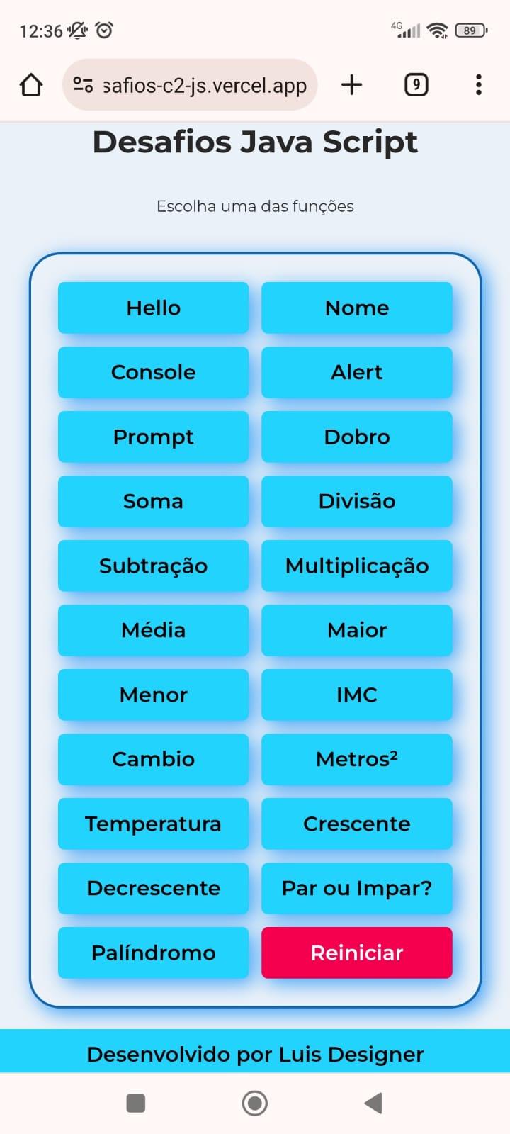 Print da tela do celular exibindo o projeto de lógica de programação do aluno luis, mostrando a responsividade funcionando perfeitamente