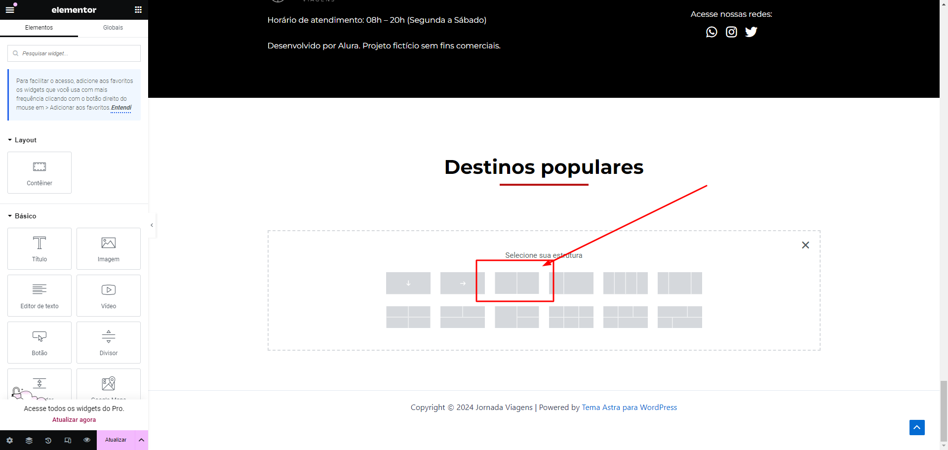 Print da tela do Elementor destacando a opção de estruturas de duas colunas