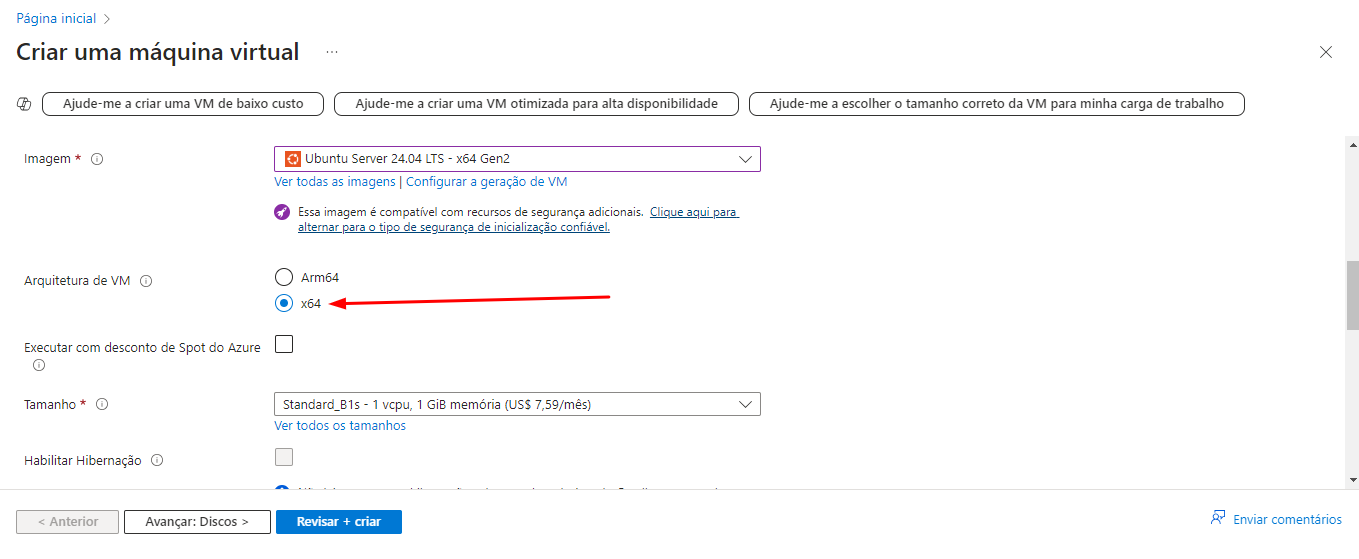 Print do Portal do Azure na etapa de colocar as informações da VM, escolher tipo de máquina, arquitetura etc