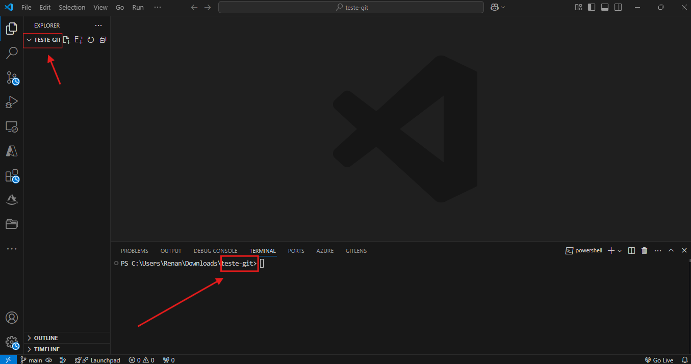 VSCode aberto em uma página vazia destacando o terminal com o caminho dessa mesma pasta