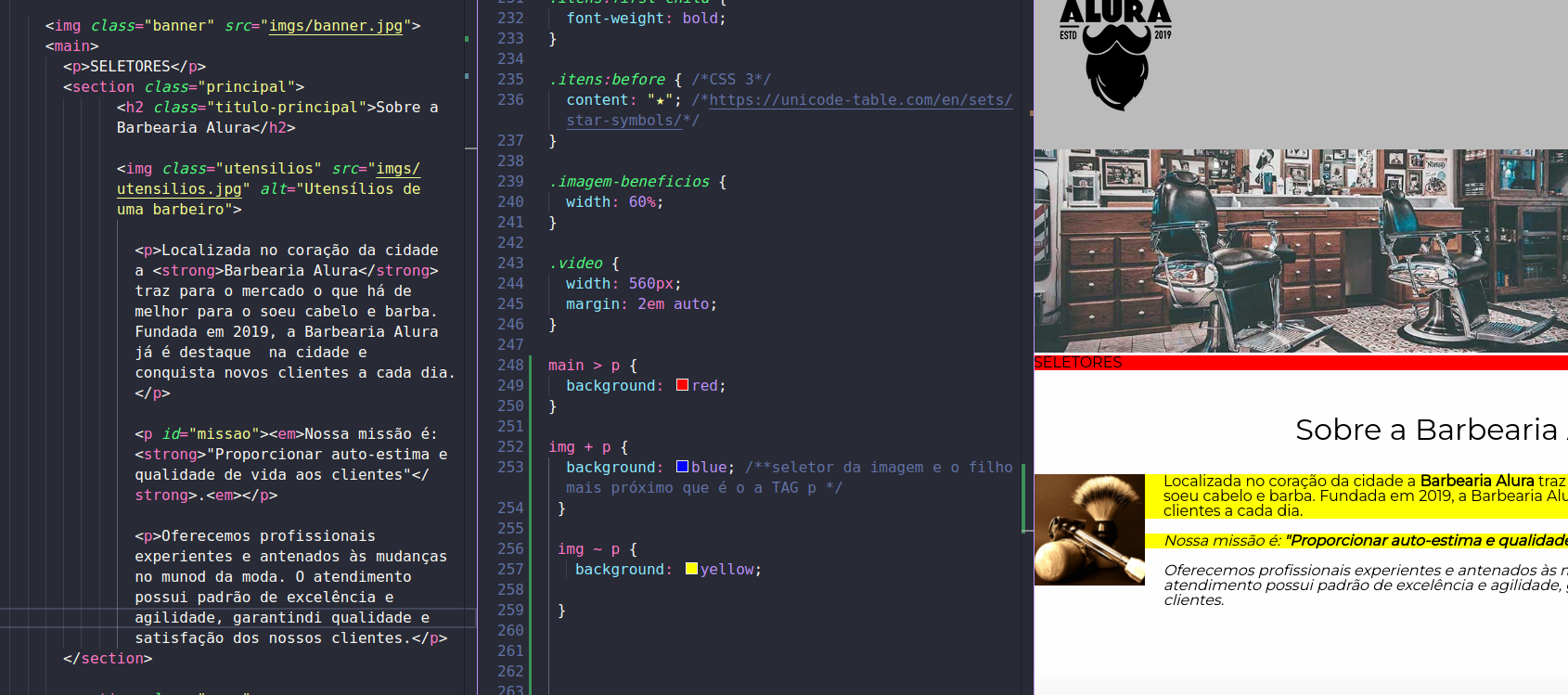 Print do projeto da Barbearia Alura - Seletores avançados