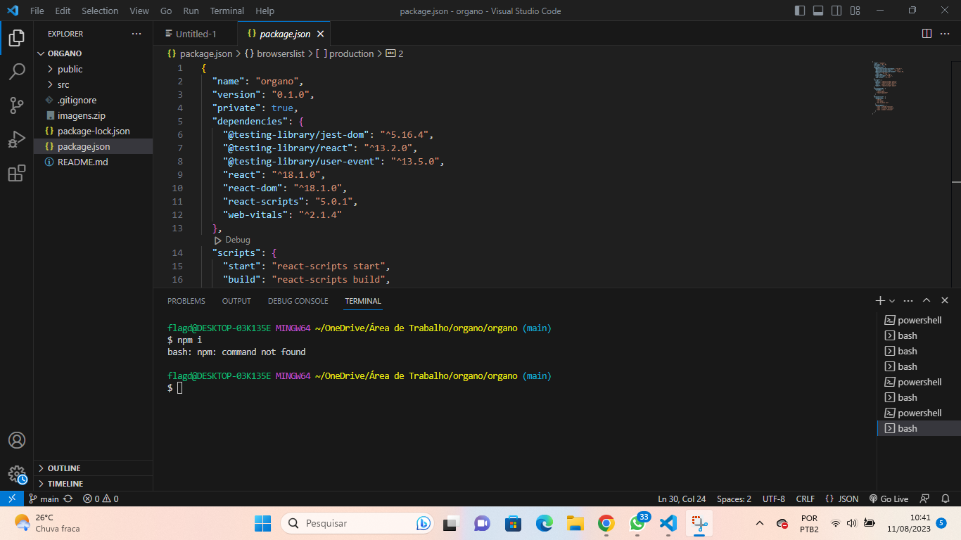 package.json - organo - Visual Studio Code