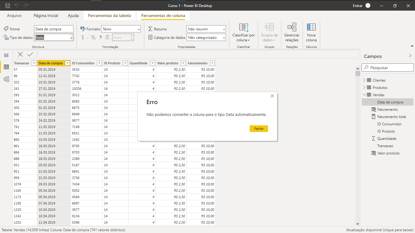 Print de tela do Power BI, a coluna "Data de compra" da tabela "Vendas" está selecionada. Por cima há uma mensagem de erro que diz: "Não podemos converter a coluna para o tipo Data automaticamente".