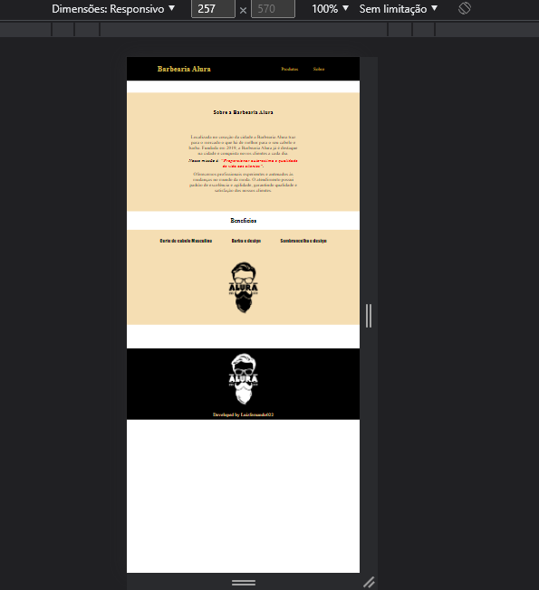 Print da Barbearia Alura com problemas na responsividade