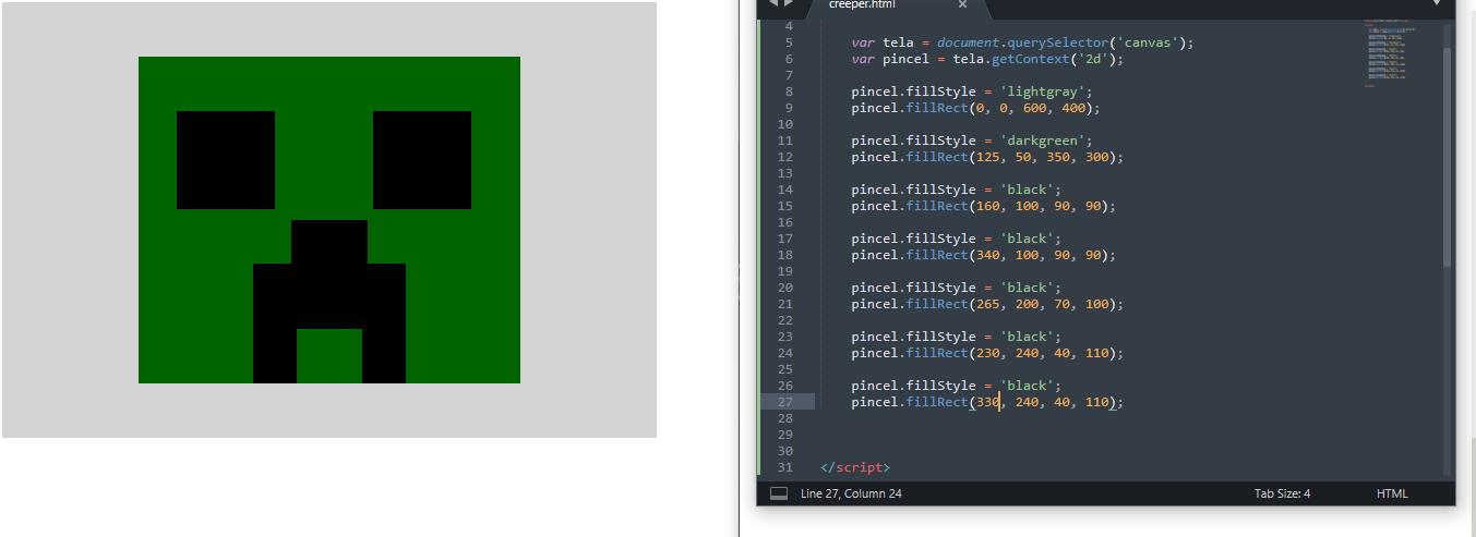 Creeper do Minecraft - Dimensões e Coordenadas, JavaScript e HTML:  pratique lógica com desenhos, animações e um jogo