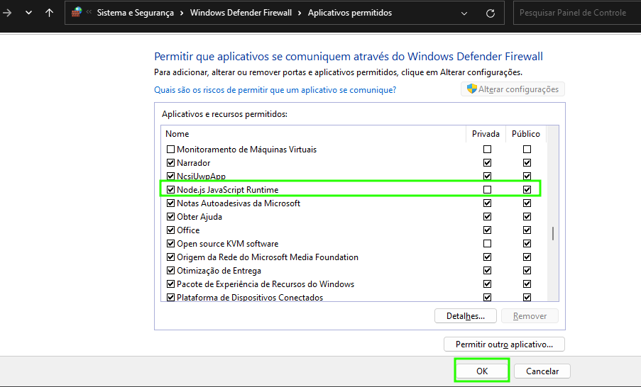 Painel do Windows Defender Firewall com destaque na opção na busca pelo Nodejs, uma caixa de seleção com a opção "Público" marcada