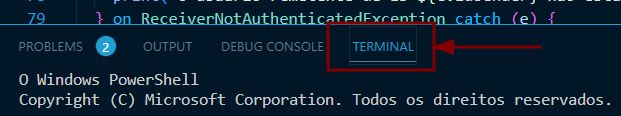 Recorte colorido do terminal VSCode. Em ordem na horizontal, as seguinte opções: problems, output, debug console e terminal